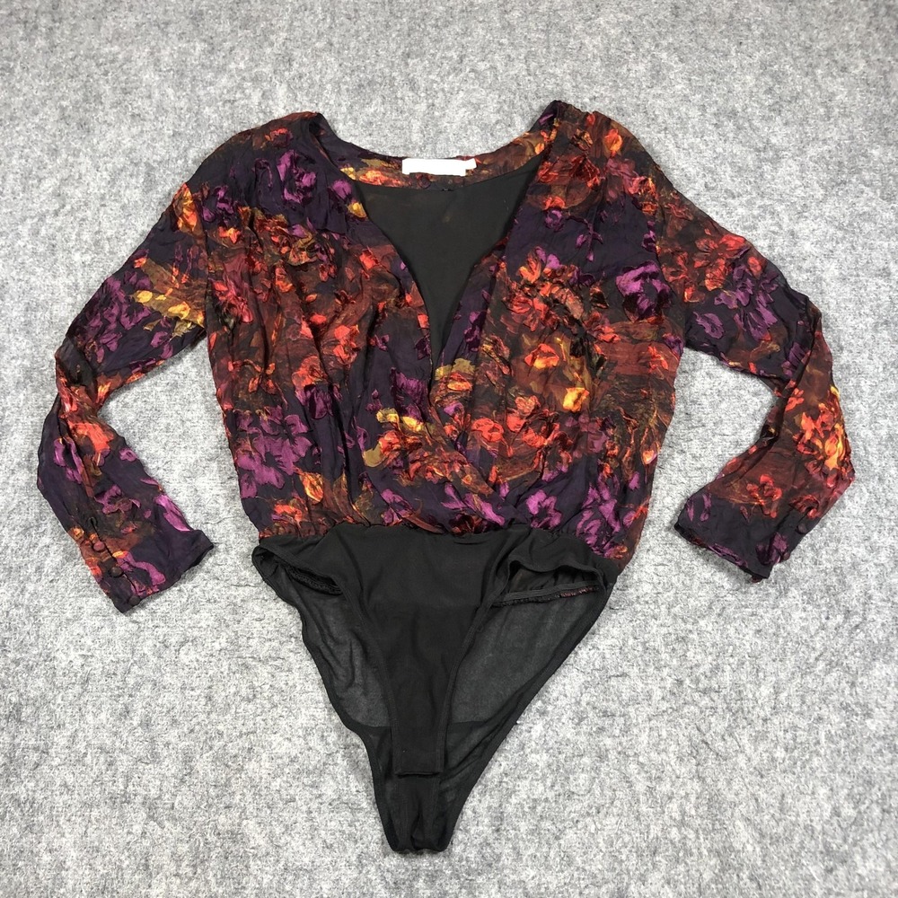 ASTR‎ The Label Bodysuit Womens M Multicolor Floral Sheer Long Sleeve Lined